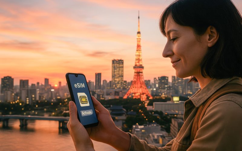 High-Resolution Ultra-Realistic Image of Female Traveler Activating eSIM on Phone at Sunset Over Tokyo Skyline – Ideal for Travel eSIM Services, Mobile Connectivity, International Roaming Solutions