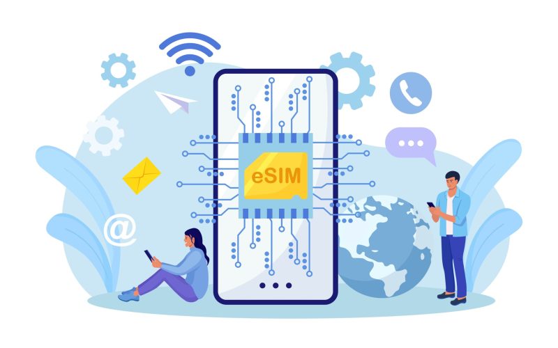 Embedded sim card on microcircuit. Young people use modern mobile phone with eSIM card chip. Smartphone without classical sim card. New digital technology. Cellphone with integrated circuit card