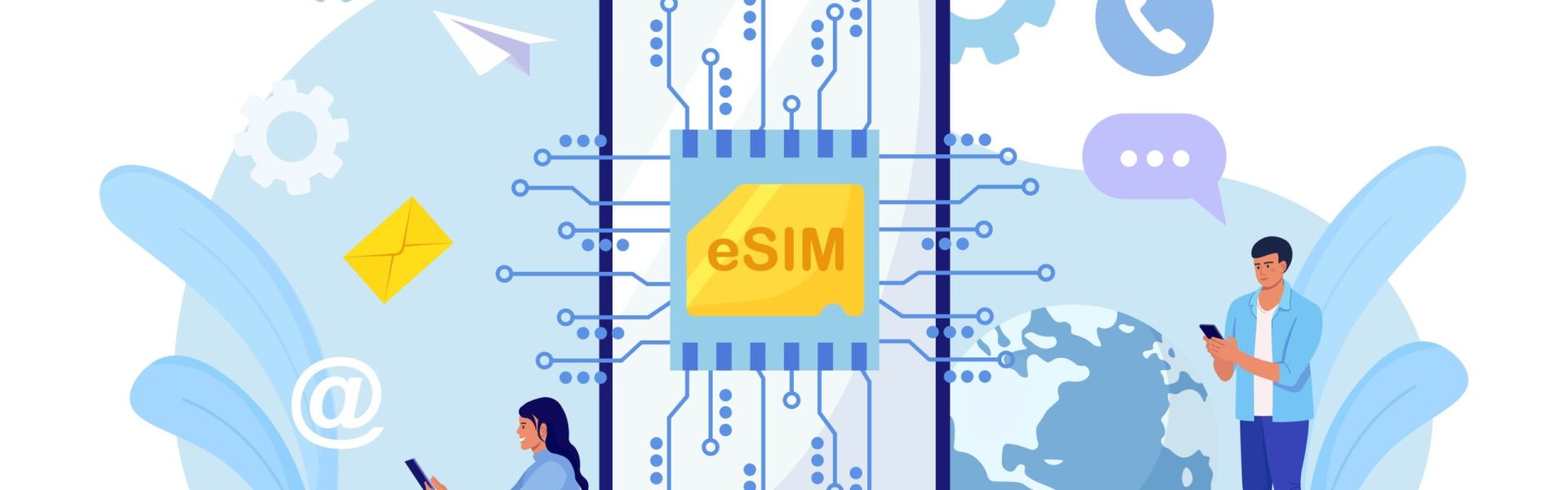 Embedded sim card on microcircuit. Young people use modern mobile phone with eSIM card chip. Smartphone without classical sim card. New digital technology. Cellphone with integrated circuit card